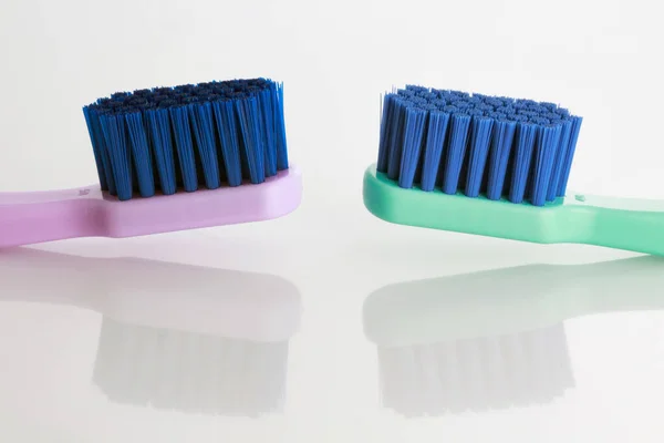 Two Bright Toothbrushes Medium Hardness Shot White Background — Stock Photo, Image