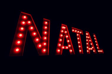 3 boyutlu kırmızı ışıklarla Portekizce yazılmış Noel. Noel 3 boyutlu arkaplan.