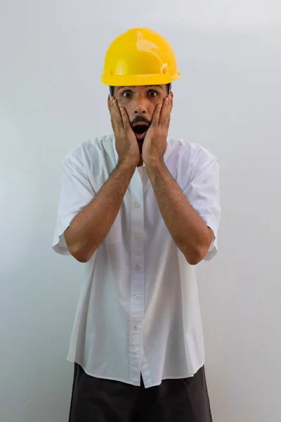Worker Helmet Isolated White Background Black Man Helmet Surprise Expressions — Stock Photo, Image
