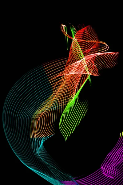 Light Neon Trails Värikäs Aalto Eristetty Mustalla Taustalla Futuristinen Värikäs — kuvapankkivalokuva