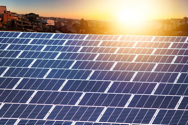 Horizonte Hito Energía Ecológica Renovable Planta Paneles Solares Empresa Edificio — Foto de Stock