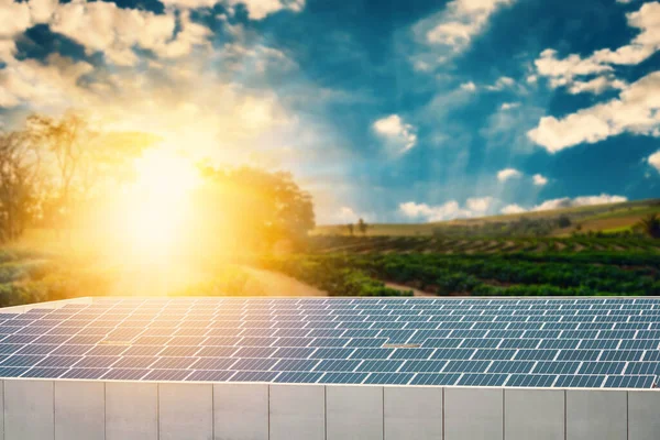 Hermosa Puesta Sol Sobre Panel Solar Empresa Fotovoltaica Granja Construcción — Foto de Stock
