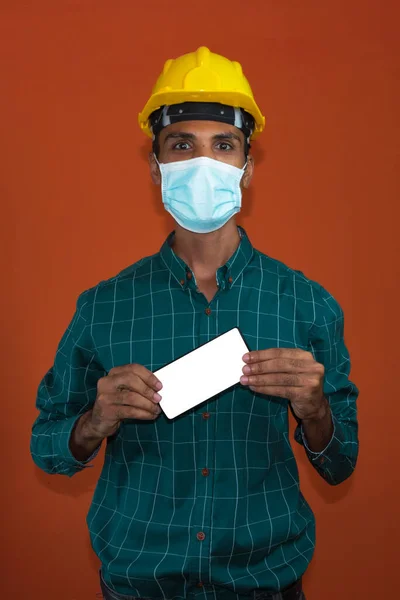 Engineer Architect Worker Yellow Helmet Pandemic Mask Isolated White Background — Stock Photo, Image