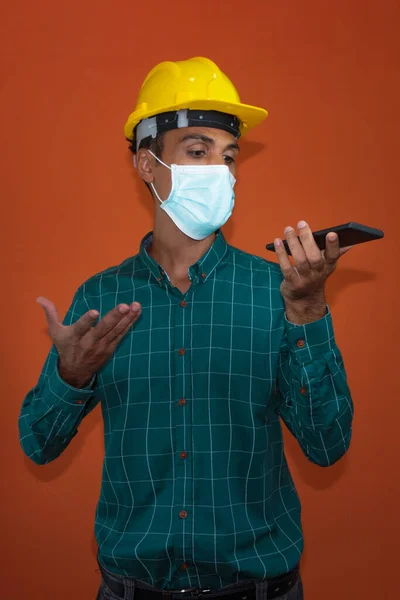 Engineer Architect Worker Yellow Helmet Pandemic Mask Isolated White Background — Stock Photo, Image