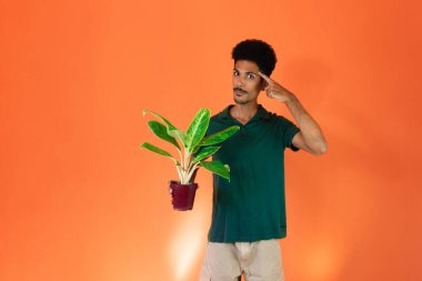 Yeşil gömlekli yakışıklı siyah adam turuncu arka planda bitki tutuyor..