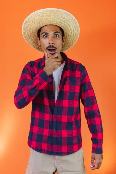 Black Man Junina Party Outfit Terisolasi Orange Background Pemuda Mengenakan — Stok Foto