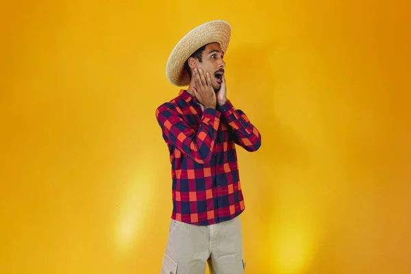 Black Man Wearing Traditional Clothes Festa Junina Isolated Yellow Background — Stok Foto