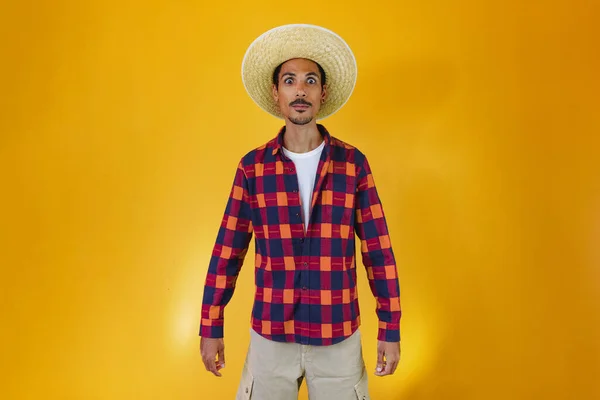 Black Man Wearing Traditional Clothes Festa Junina Isolated Yellow Background — Stock fotografie