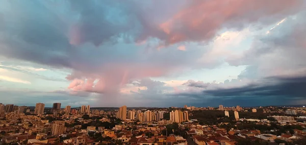 Sunset in the city with clouds. Ribeirao Preto City Skyline, famous city in Brazil.