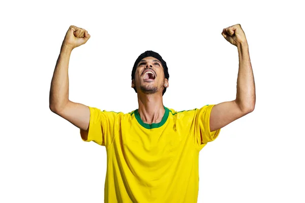 Male Athlete Fan Yellow Uniform Celebrating Isolated — Stock Photo, Image