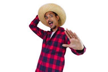 Beyaz Arkaplanda Şapkalı Adam ve Junina Parti Gömleği İzole Edildi. Brezilya Haziran Festivali için geleneksel kıyafetler giyen genç adam.