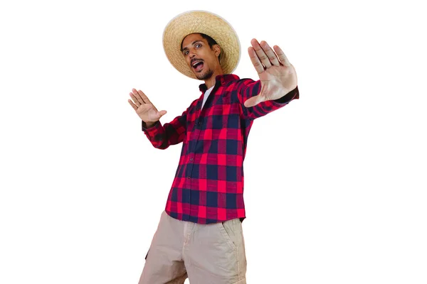 Homem Com Chapéu Camisa Festa Junina Isolado Fundo Branco Jovem — Fotografia de Stock