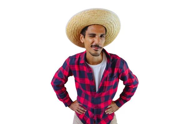 Hombre Con Sombrero Camisa Fiesta Junina Aislado Sobre Fondo Blanco — Foto de Stock