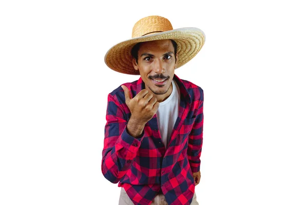 Homem Com Chapéu Camisa Festa Junina Isolado Fundo Branco Jovem — Fotografia de Stock