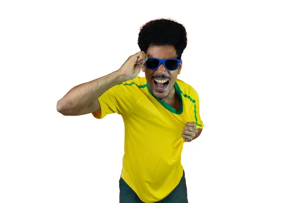 Brasileiro Futebol Comemorando Isolado Branco Animado Torcida Futebol Torcida — Fotografia de Stock