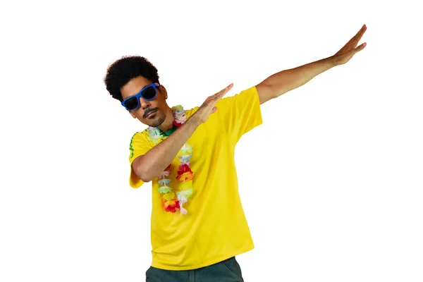 Soccer Brazilian Fan Celebrating Isolated White Excited Football Fan Cheering — Stock Photo, Image