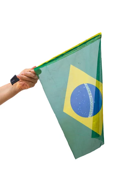 Segurando Bandeira Brasil Isolado Branco — Fotografia de Stock