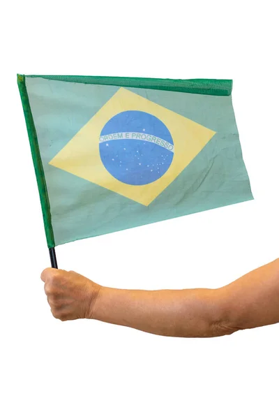 Segurando Bandeira Brasil Isolado Branco — Fotografia de Stock