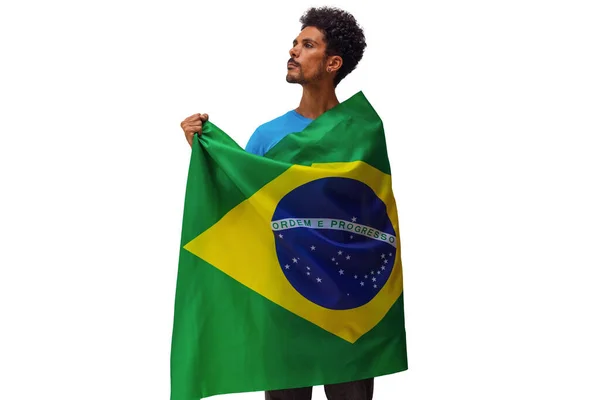 Segurando Bandeira Brasil Homem Negro Com Bandeira Isolada Imagem Conceito — Fotografia de Stock