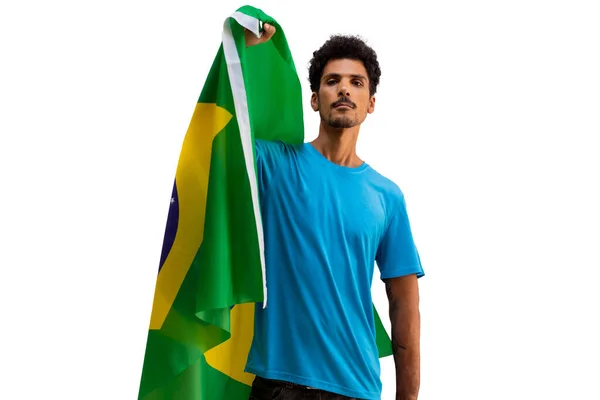 Segurando Bandeira Brasil Homem Negro Com Bandeira Isolada Imagem Conceito — Fotografia de Stock