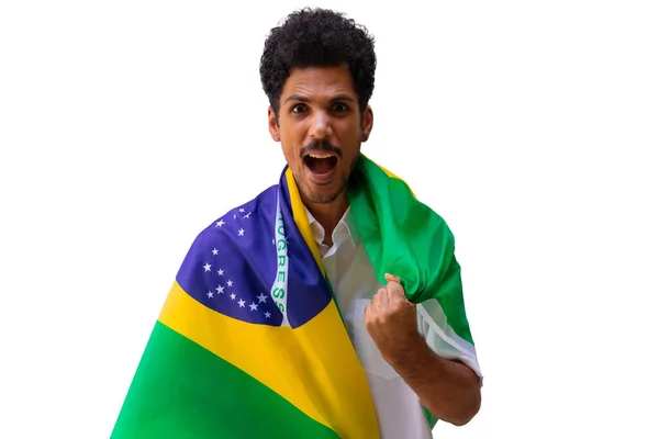 Brazília Függetlenség Napja Fekete Férfi Tartja Brazil Zászló Elszigetelt — Stock Fotó