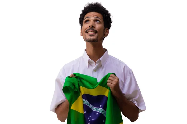 Brazil Independence Day Black Man Holds Brazilian Flag Isolated — Φωτογραφία Αρχείου
