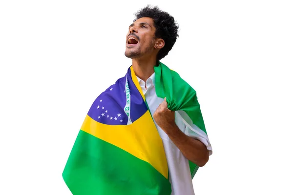 Brazil Independence Day Black Man Holds Brazilian Flag Isolated — Stock Photo, Image
