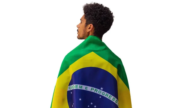 Dia Independência Brasil Homem Negro Segura Bandeira Brasileira Isolada — Fotografia de Stock