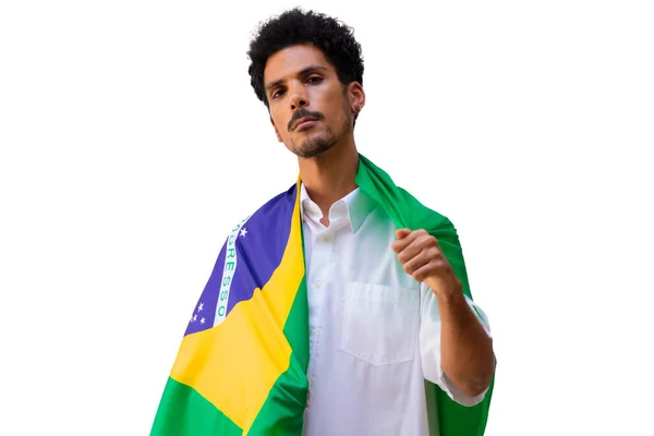 Brazil Independence Day Black Man Holds Brazilian Flag Isolated — Stock fotografie