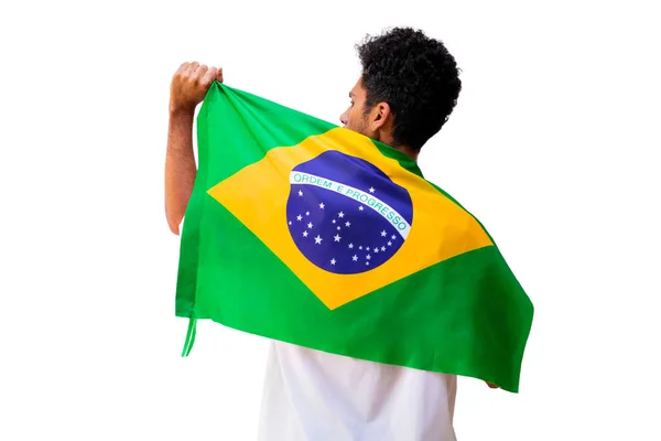 Black Man Holds Brazilian Flag Isolated — Stockfoto