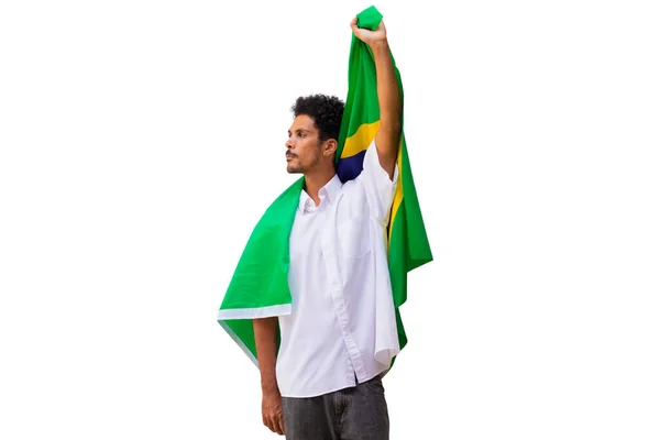 Black Man Holds Brazilian Flag Isolated — Fotografia de Stock
