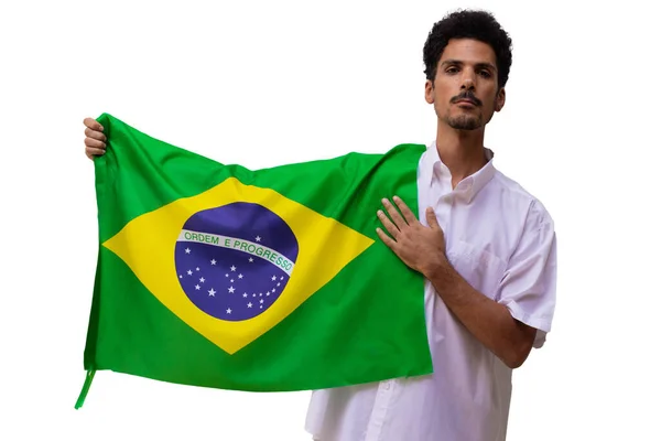 Black Man Holds Brazilian Flag Isolated — Fotografia de Stock