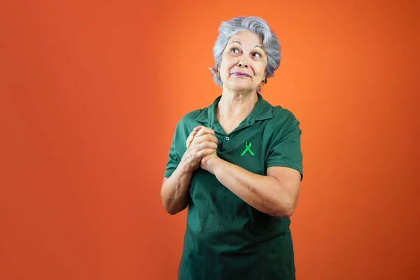 World Mental Health Day Mature Woman Gray Hair Green Ribbon — Photo