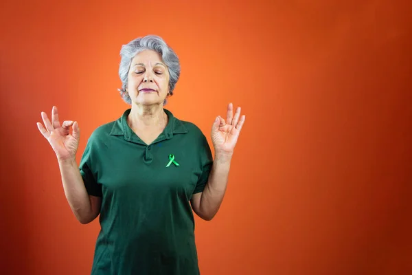 World Mental Health Day Mature Woman Gray Hair Green Ribbon — Photo