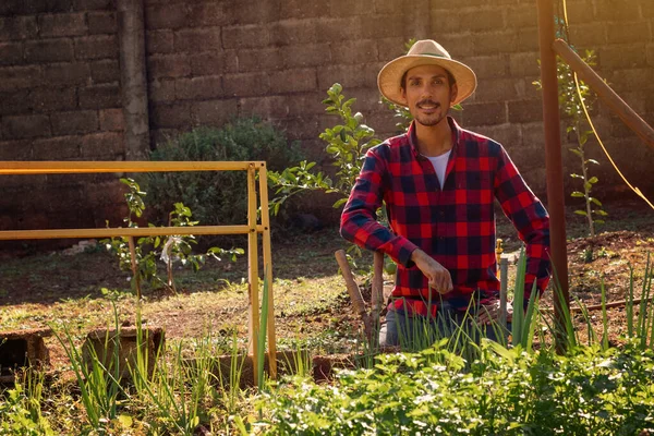 Black farmer beside small modest vegetable garden on sunny day. Farmer With Hat on farm.