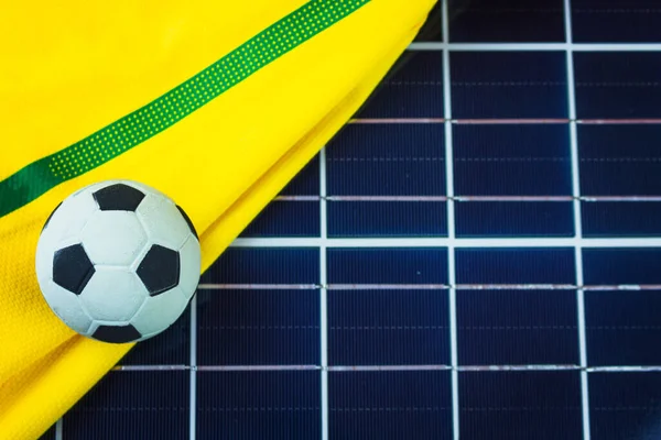 Bola Futebol Bandeira Brasil Sobre Painel Solar Fotovoltaico Conceito Copa — Fotografia de Stock