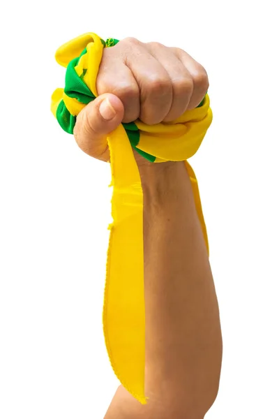 Holding Groene Gele Linten Van Brazilië Vlag Geïsoleerd Witte Achtergrond — Stockfoto