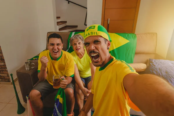 Brazilian Mixed Race Family Celebrating Cup Living Room Watching Football — Stock Photo, Image