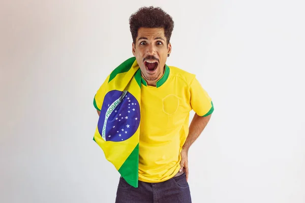 Ventilador Brasileiro Preto Com Camisa Equipe Futebol Isolado Branco Ventilador — Fotografia de Stock