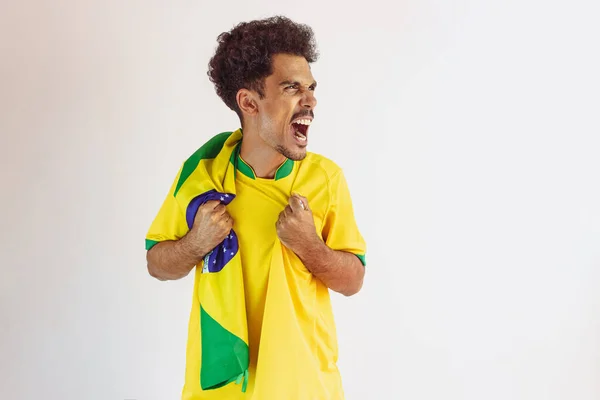 Ventilador Brasileiro Preto Com Camisa Equipe Futebol Isolado Branco Ventilador — Fotografia de Stock
