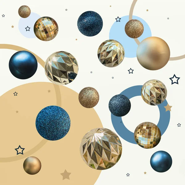 Abstracte Wintervakantie Achtergrond Met Vliegende Gouden Donkerblauwe Ballen Goed Voor — Stockfoto