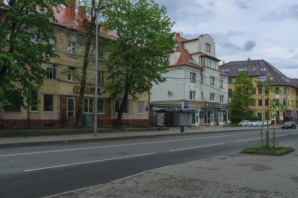 Kaliningrad Russland Mai 2021 Typische Flachbauten Mit Straßenfront Düsteren Tagen — Stockfoto