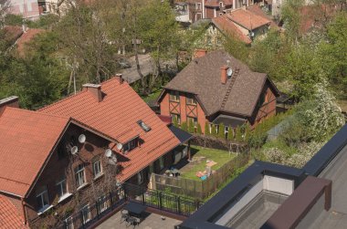 Zelenogradsk şehir merkezleri yukarıdan, bahçelerinde çiçek açan ağaçlar...