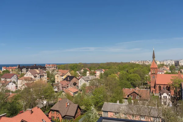 Městská Krajina Zelenogradsk Slunečný Den Výhledem Moře Kostel — Stock fotografie