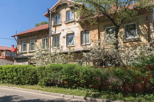 Zelenogradsk Rusia Mayo 2021 Fachada Antigua Casa Con Manzanos Florecientes —  Fotos de Stock