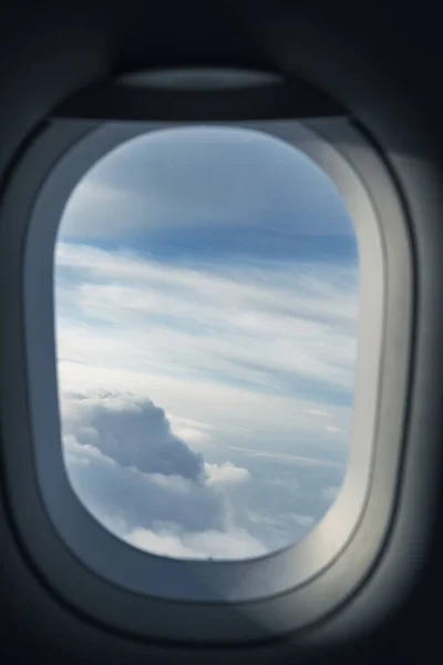 Fluffy Cloudscape Sunlight Daytime View Airplane Porthole — Stock Photo, Image