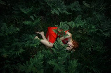 Ormandaki eğrelti otunda bir kadının romantik portresi. Sanat kadını doğal makyajı doğada dinleniyor. Yeşil eğrelti otları