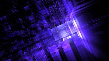 Hi tech digital interior Abstract data center server, business technology blured Polygonal geometric space, 3D render