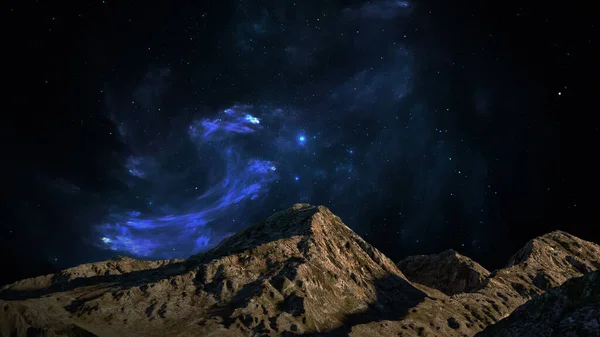 Ορεινό Τοπίο Φανταστικοί Γαλαξίες Σύμπαν Αστέρια Πλανήτες Και Νεφελώματα Ηλιοβασίλεμα — Φωτογραφία Αρχείου