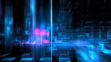 Hi tech digital interior Abstract data center server, business technology blured Polygonal geometric cyberpunk space, 3D render